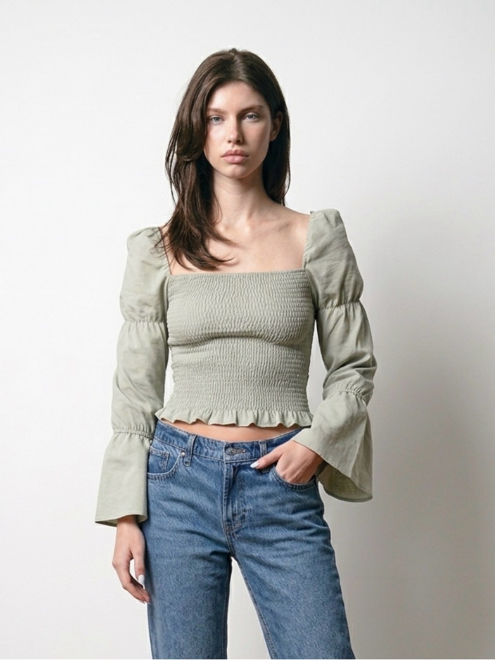 Smocked Square-Neck Women's Top in Sage Green